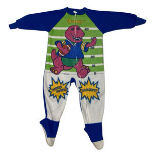 Vintage Barney Dinosaur Footed Zip Up Pajamas 90's Football 3T Lyons Group Flaws